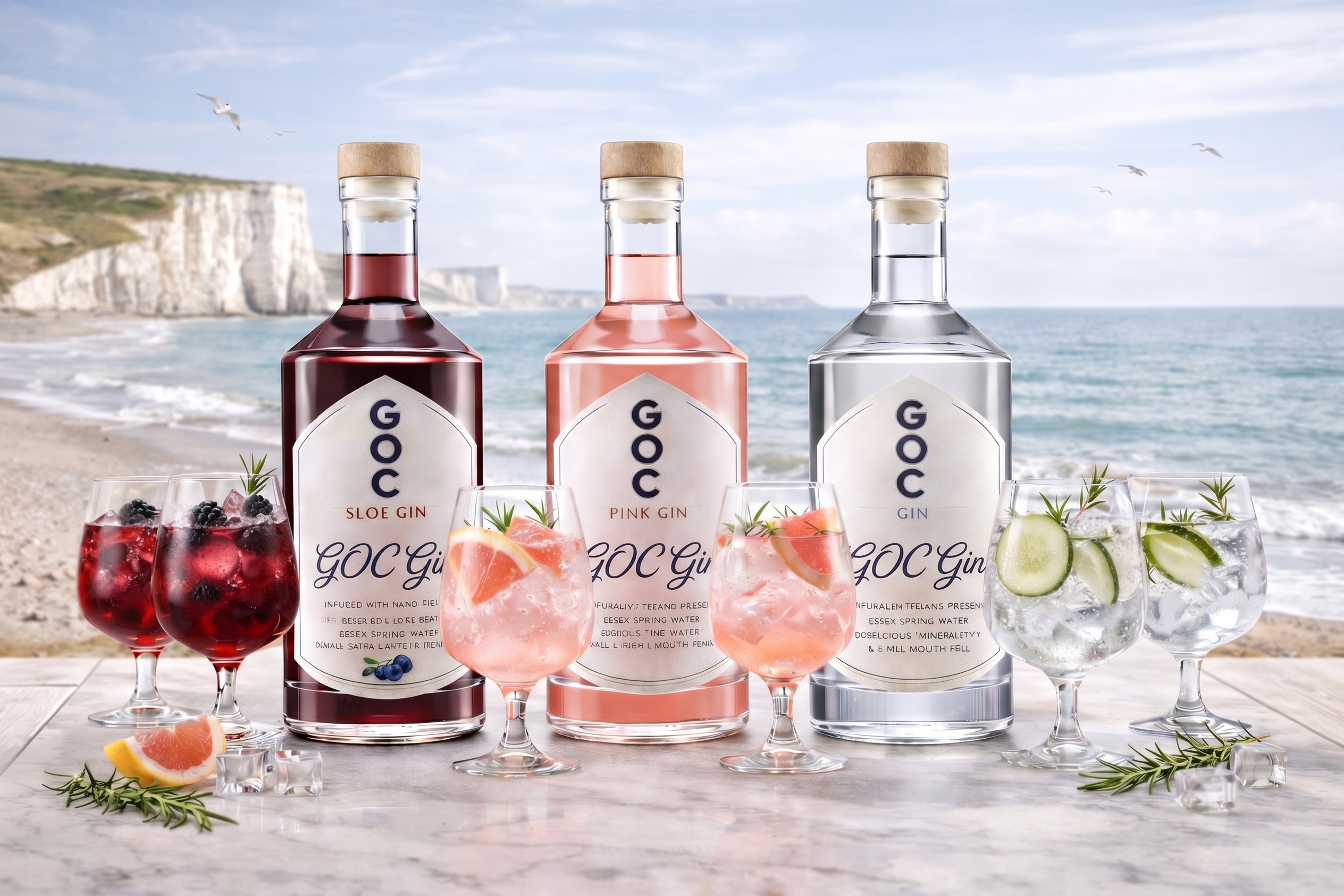 The GOC Gin Collection with coastal Mediterranean background